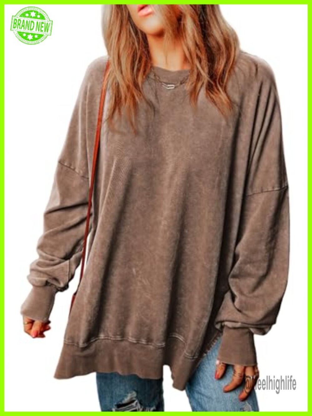 Women's Acid Wash Crewneck Oversized Pullover Sweatshirt Long Sleeve